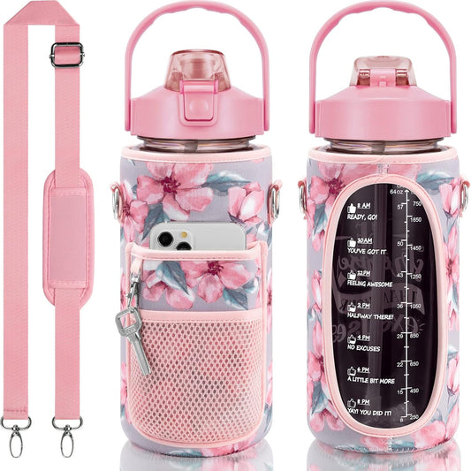 Half Gallon Water Bottle with Sleeve & Strap 64 OZ Water Bottle Motivational with Straw & Time Marker to Drink Leakproof Tritan BPA Free Workout Gym Sport Water Jug Women Men with Neoprene Holder